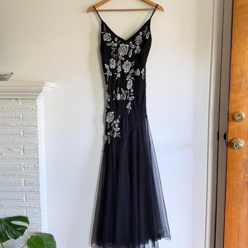 XSCAPE by Joanna Chen Black Beaded Floral Slip Dress Size 4 Y2K Formal Midi